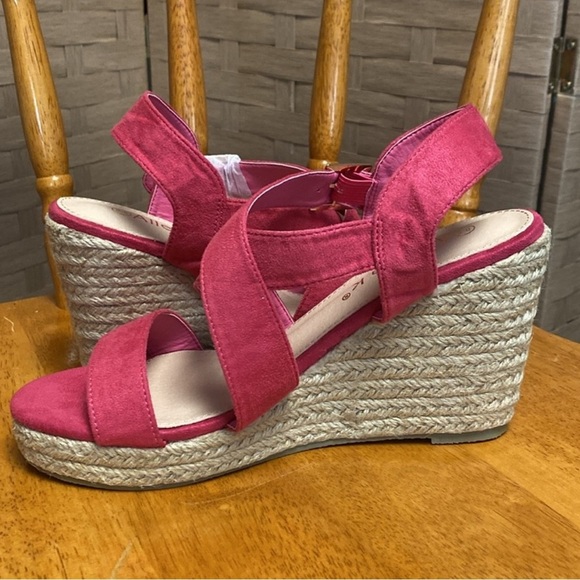 Allegra K pink faux suede criss cross 4” wedge Espadrilles Sandals - Picture 2 of 6